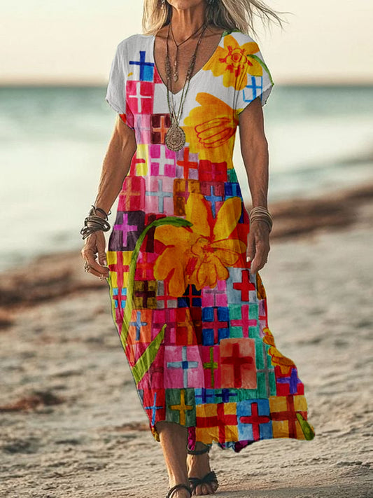 Women's Abstract Floral Art Print V-Neck Short Sleeve Cotton and Linen Dress