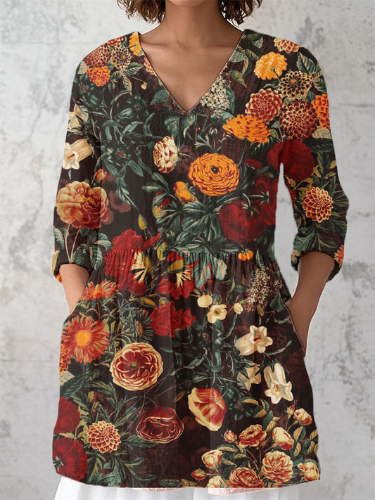 Women's Vintage Floral Print V-Neck 3/4 Sleeve Cotton and Linen Shirt