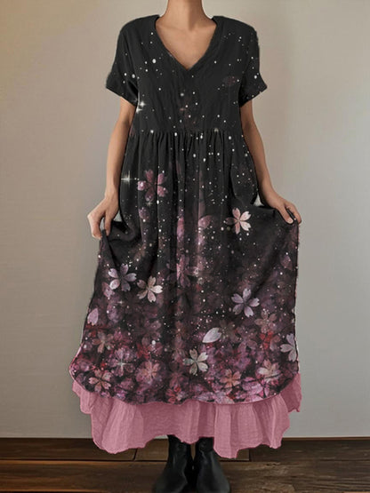 Women's Floral Art Print Short Sleeve Double Layer Cotton and Linen Dress