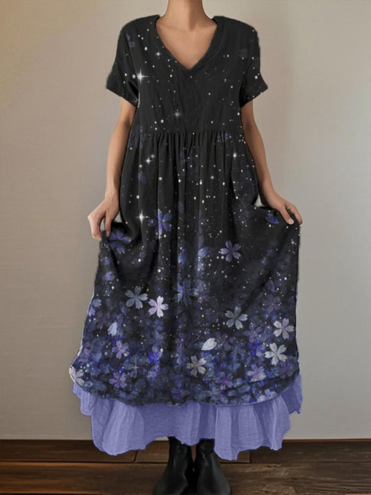 Women's Floral Art Print Short Sleeve Double Layer Cotton and Linen Dress