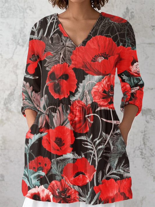 Women's Vintage Floral Print V-Neck 3/4 Sleeve Cotton and Linen Shirt