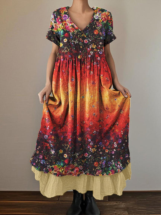 Women's Floral Art Print Short Sleeve Double Layer Cotton and Linen Dress