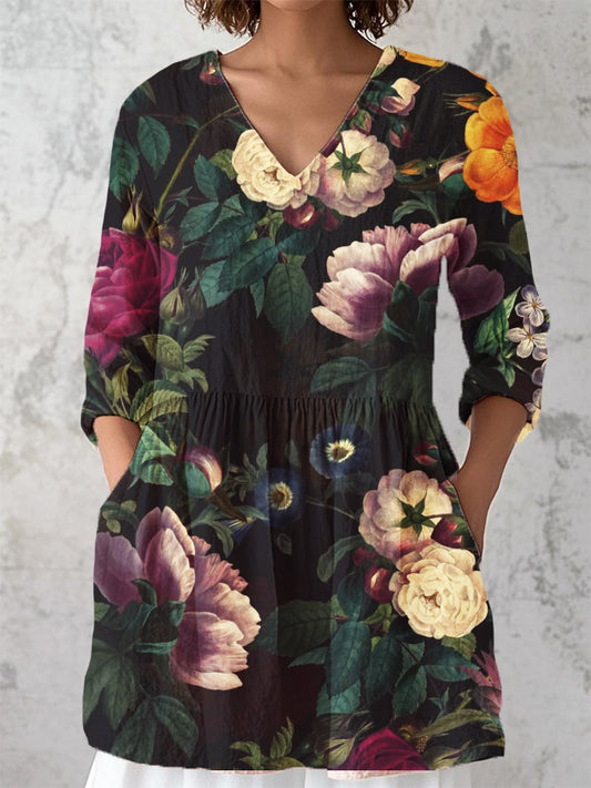 Women's Vintage Floral Print V-Neck 3/4 Sleeve Cotton and Linen Shirt