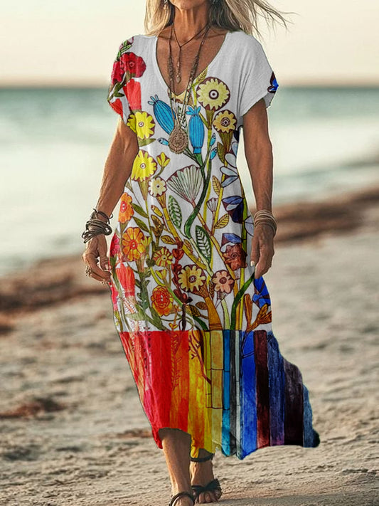 Women's Abstract Floral Art Print V-Neck Short Sleeve Cotton and Linen Dress