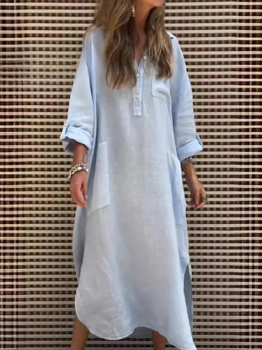 Women's Solid Color Irregular Long Cotton Pocket Dress