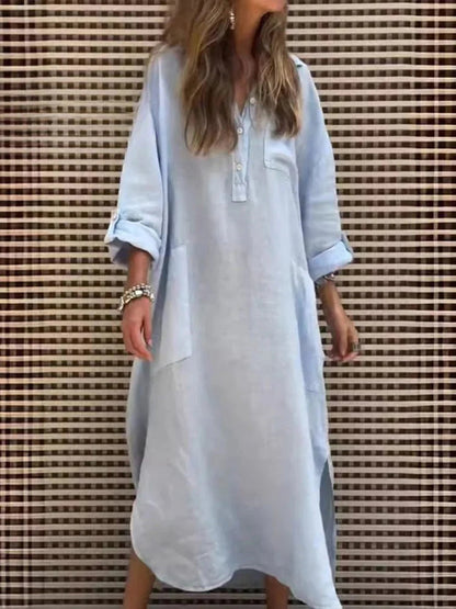 Women's Solid Color Irregular Long Cotton Pocket Dress