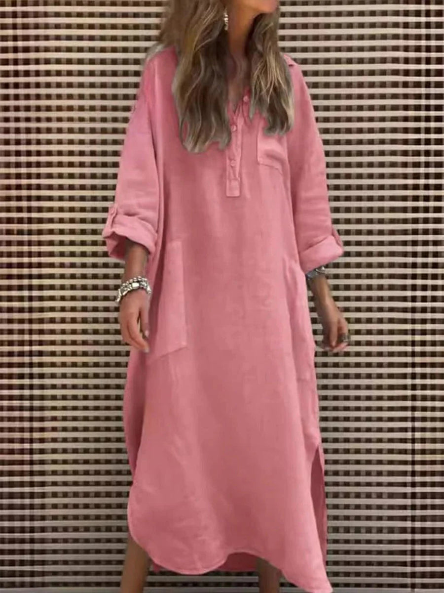 Women's Solid Color Irregular Long Cotton Pocket Dress