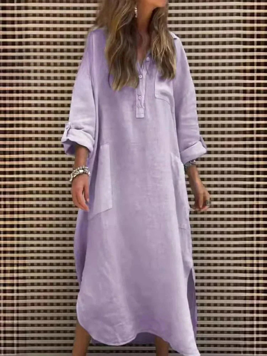 Women's Solid Color Irregular Long Cotton Pocket Dress