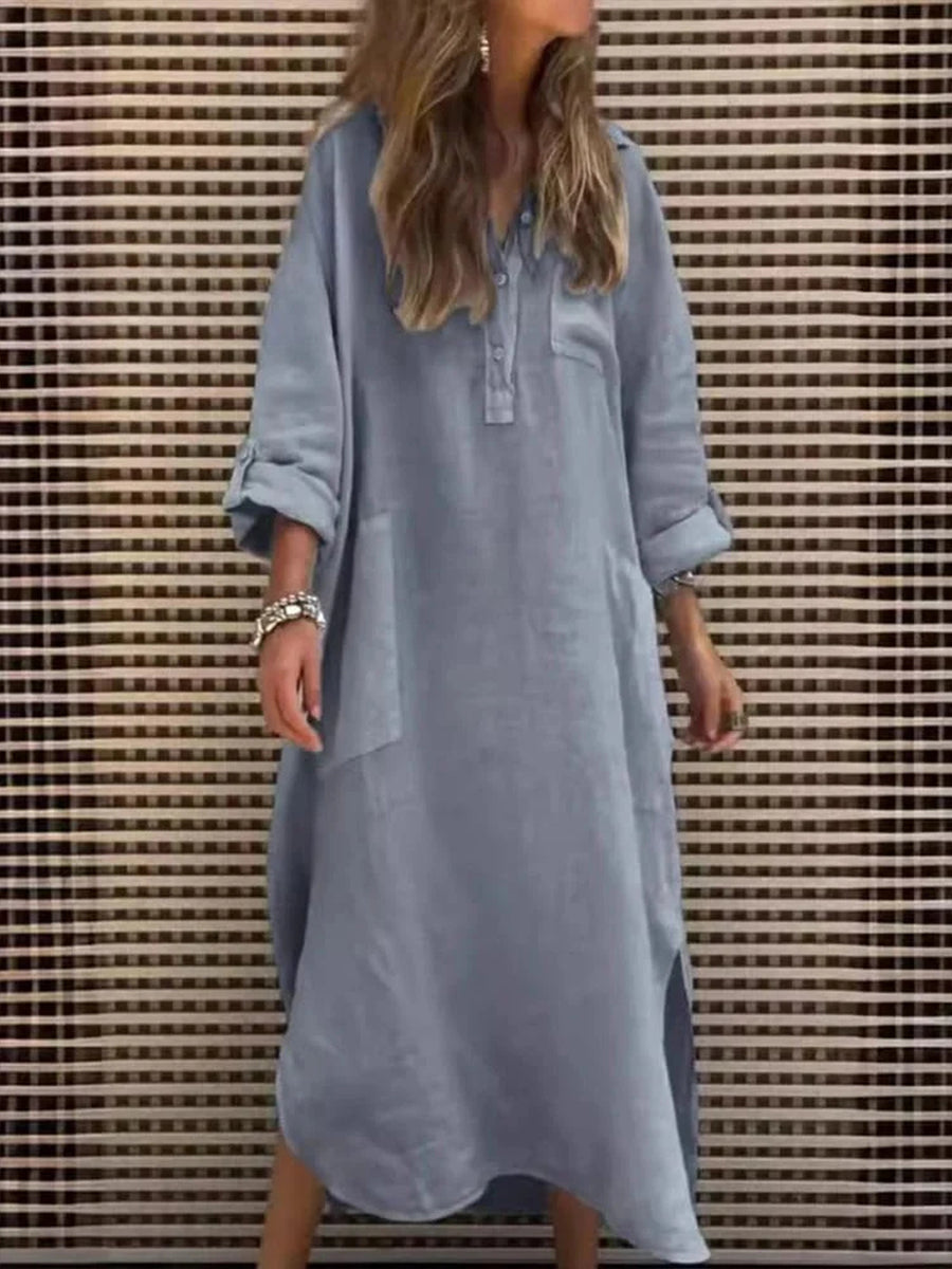 Women's Solid Color Irregular Long Cotton Pocket Dress