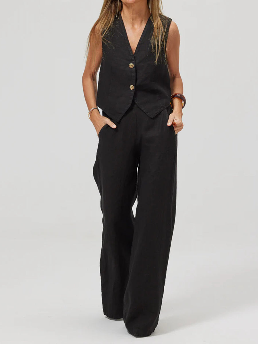 Women's Fashion Vest Splicing Solid Color Cotton and Linen Casual Suit