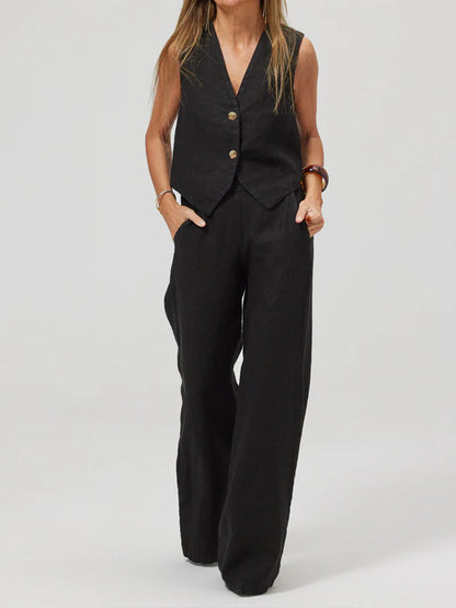 Women's Fashion Vest Splicing Solid Color Cotton and Linen Casual Suit