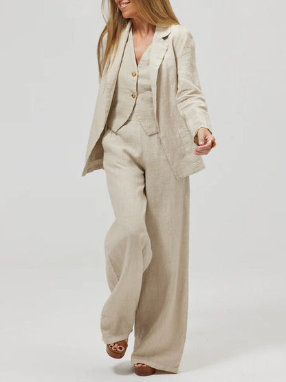 Women's Fashion Vest Splicing Solid Color Cotton and Linen Casual Suit