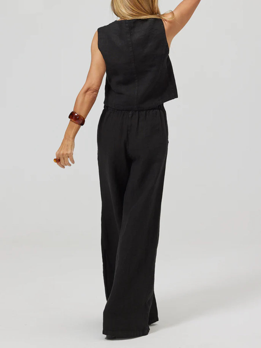Women's Fashion Vest Splicing Solid Color Cotton and Linen Casual Suit