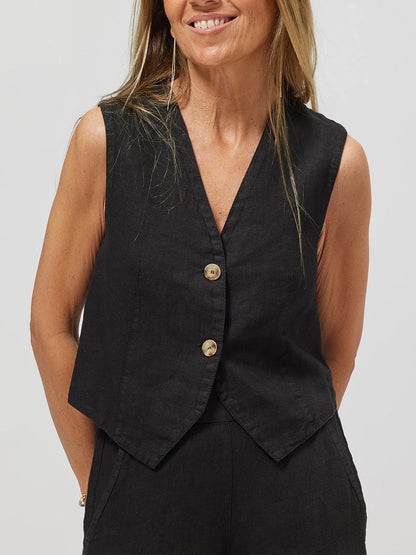 Women's Fashion Vest Splicing Solid Color Cotton and Linen Casual Suit