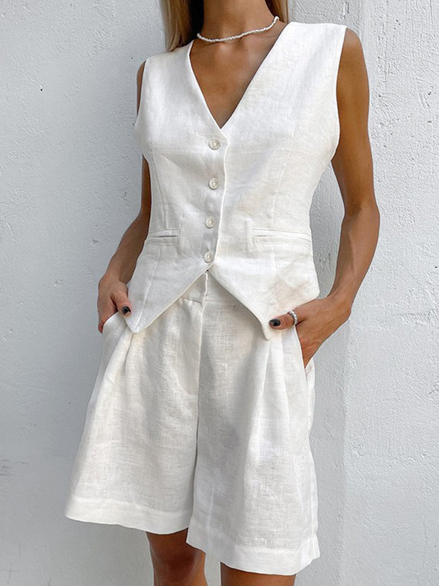 Women's Summer Cotton And Linen Vest Casual Shorts Two-Piece Suit