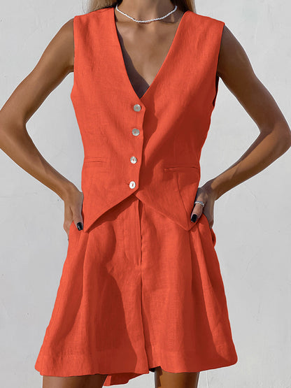 Women's Summer Cotton And Linen Vest Casual Shorts Two-Piece Suit
