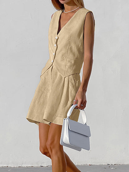 Women's Summer Cotton And Linen Vest Casual Shorts Two-Piece Suit