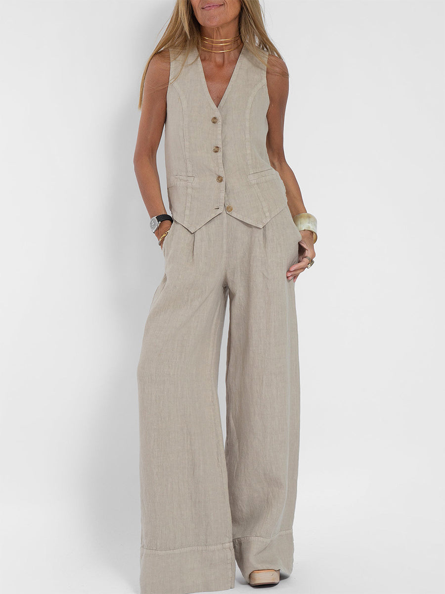 Women's Fashion Vest Trousers Spliced Cotton and Linen Casual Suit
