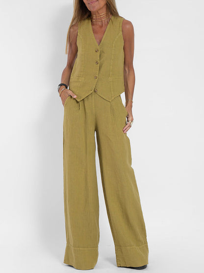 Women's Fashion Vest Trousers Spliced Cotton and Linen Casual Suit