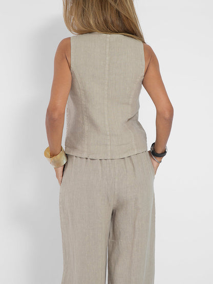 Women's Fashion Vest Trousers Spliced Cotton and Linen Casual Suit
