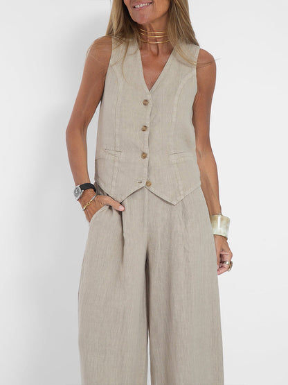 Women's Fashion Vest Trousers Spliced Cotton and Linen Casual Suit