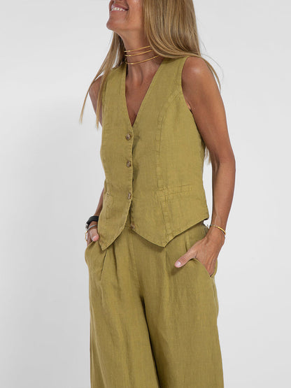 Women's Fashion Vest Trousers Spliced Cotton and Linen Casual Suit