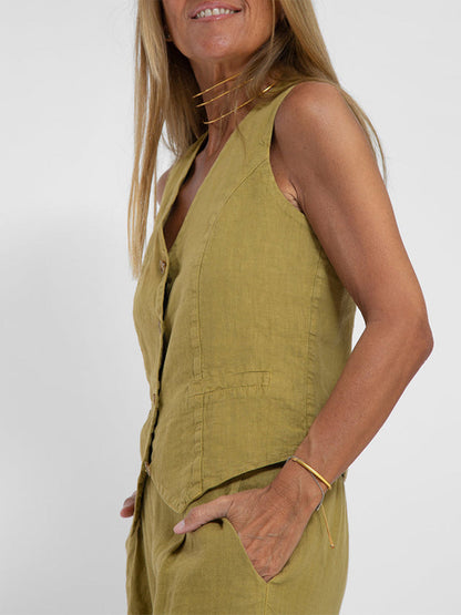 Women's Fashion Vest Trousers Spliced Cotton and Linen Casual Suit
