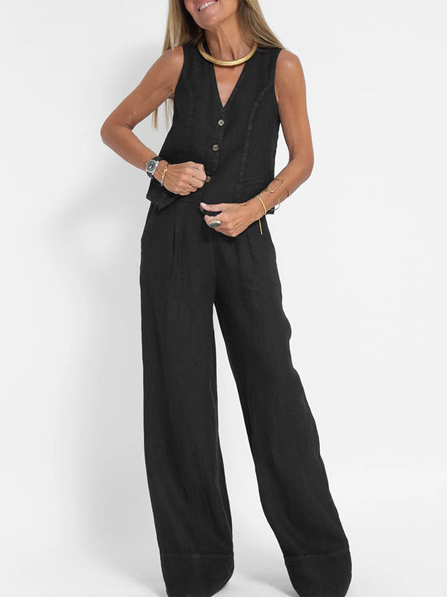 Women's Fashion Vest Trousers Spliced Cotton and Linen Casual Suit