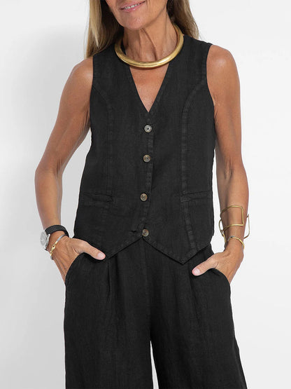 Women's Fashion Vest Trousers Spliced Cotton and Linen Casual Suit