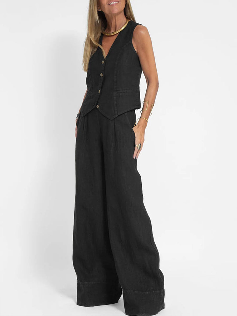 Women's Fashion Vest Trousers Spliced Cotton and Linen Casual Suit