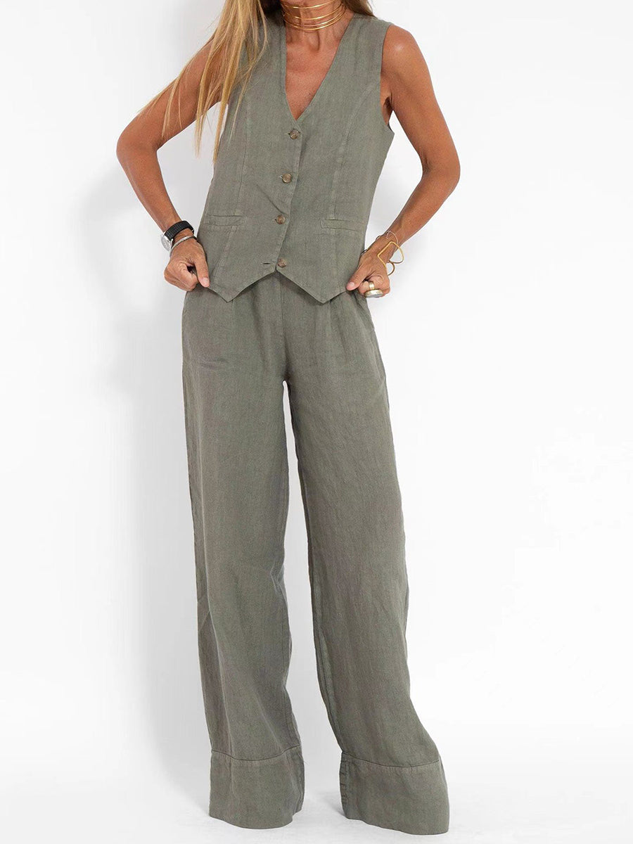 Women's Fashion Vest Trousers Spliced Cotton and Linen Casual Suit