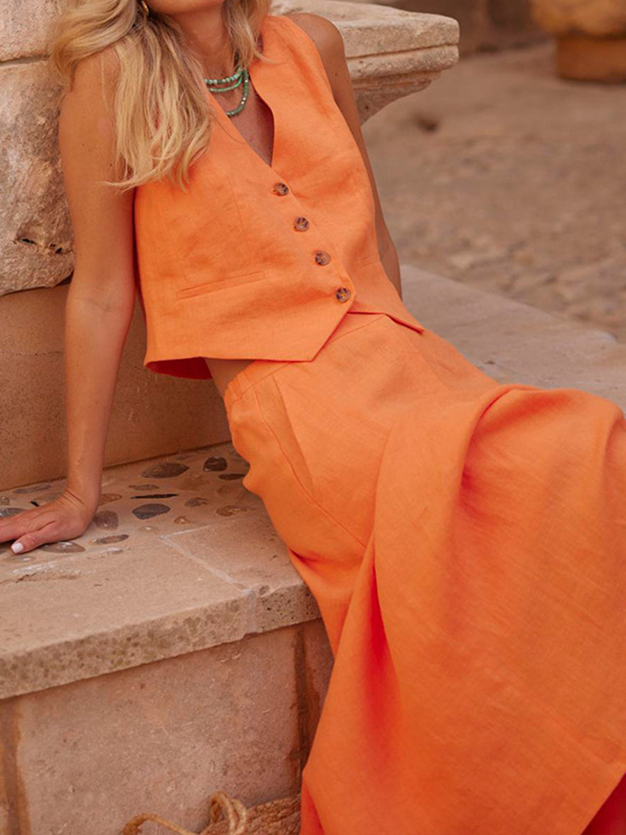 Women's Summer Cotton And Linen Vest Skirt Suit