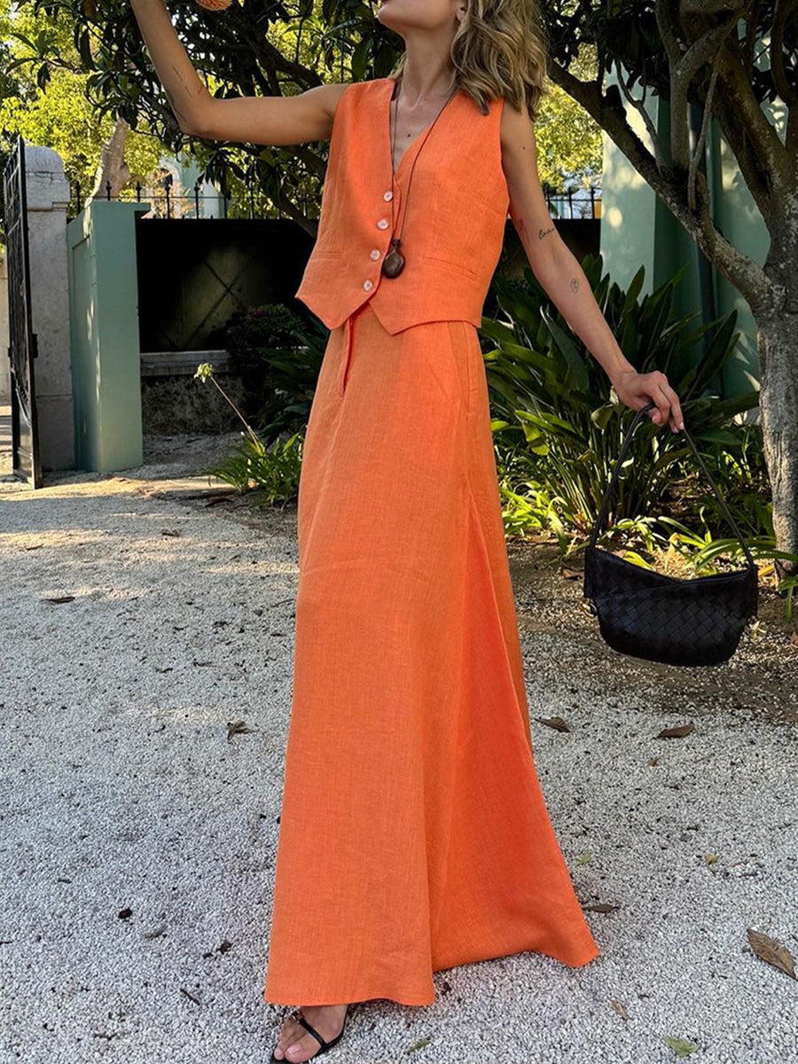 Women's Summer Cotton And Linen Vest Skirt Suit