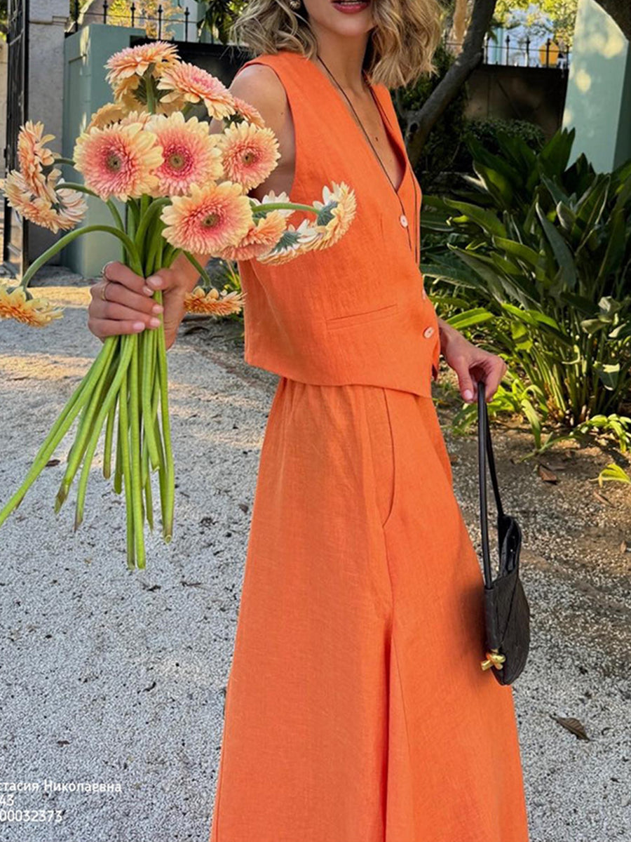Women's Summer Cotton And Linen Vest Skirt Suit