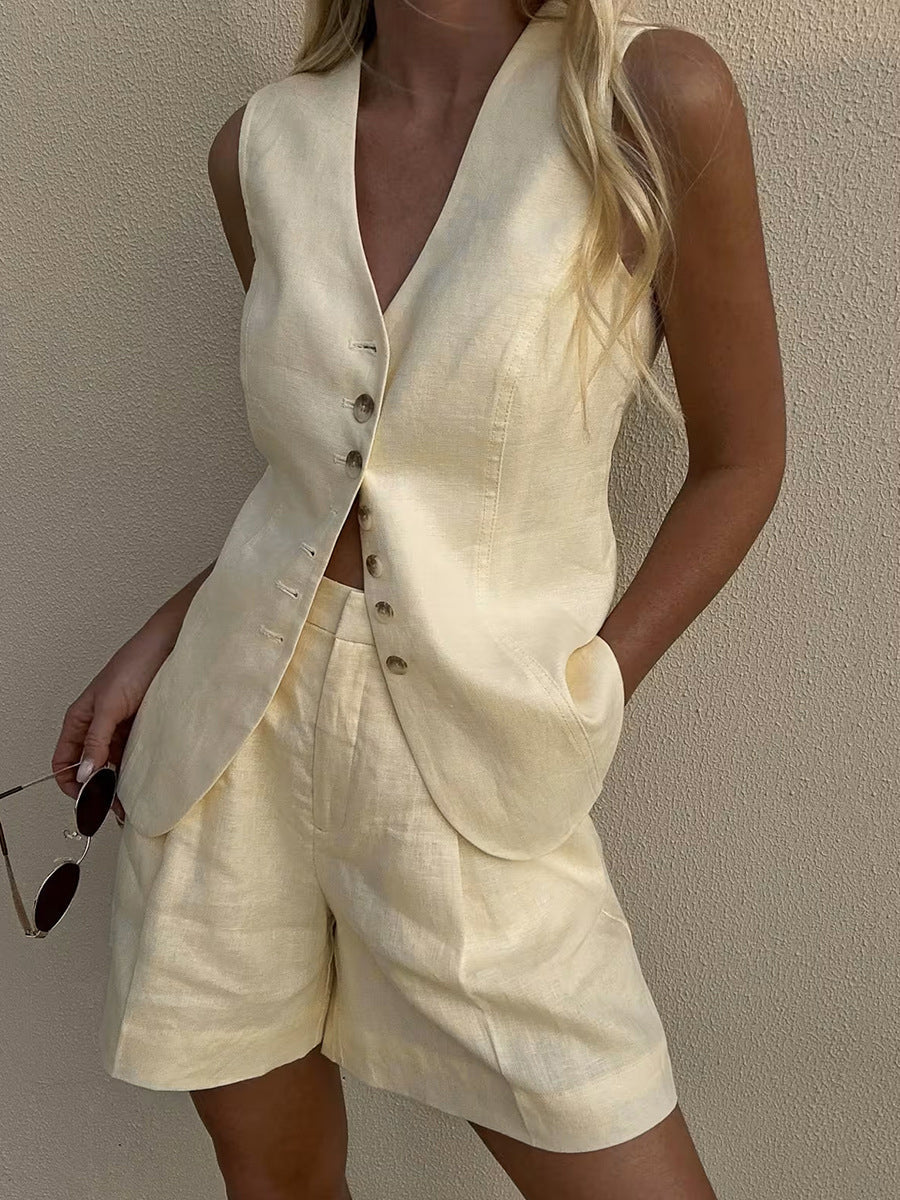 Women's Solid Color Cotton And Linen Vest Shorts Set