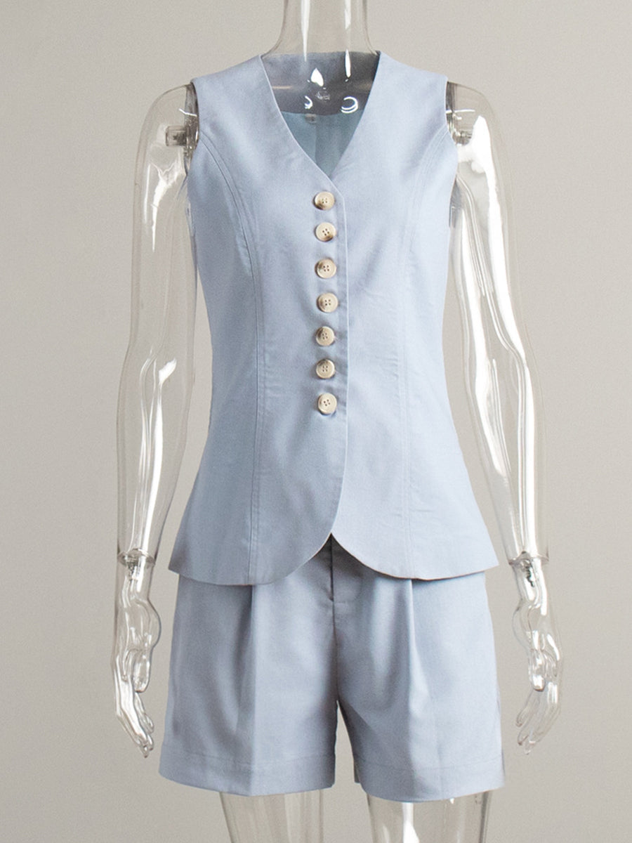 Women's Solid Color Cotton And Linen Vest Shorts Set