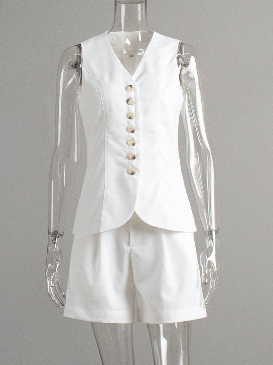 Women's Solid Color Cotton And Linen Vest Shorts Set