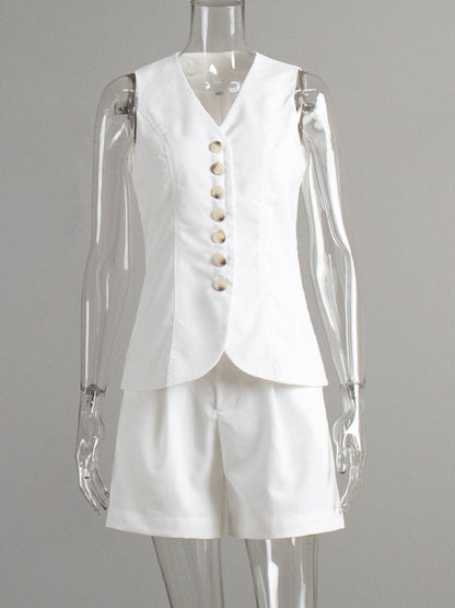 Women's Solid Color Cotton And Linen Vest Shorts Set