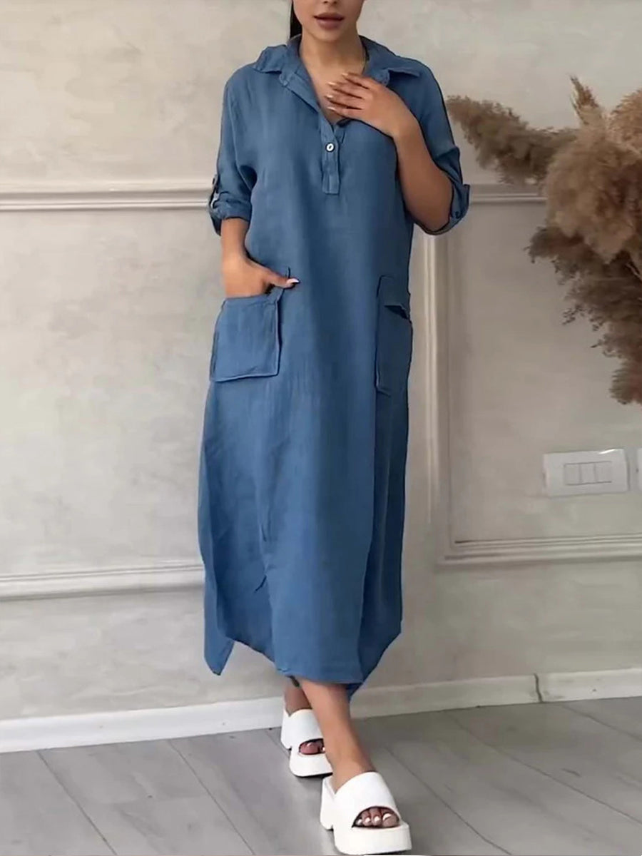 Women's Solid Color Irregular Long Cotton Linen Lapel Pocket Dress