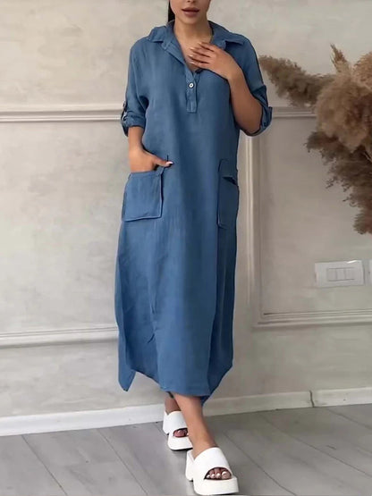 Women's Solid Color Irregular Long Cotton Linen Lapel Pocket Dress