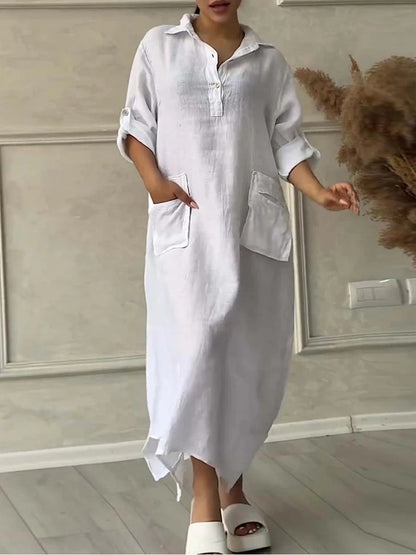 Women's Solid Color Irregular Long Cotton Linen Lapel Pocket Dress