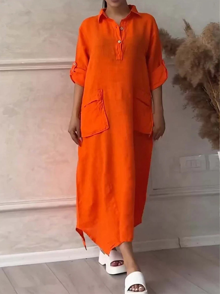 Women's Solid Color Irregular Long Cotton Linen Lapel Pocket Dress