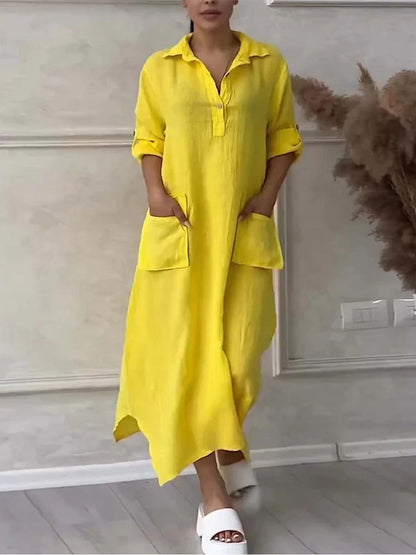 Women's Solid Color Irregular Long Cotton Linen Lapel Pocket Dress