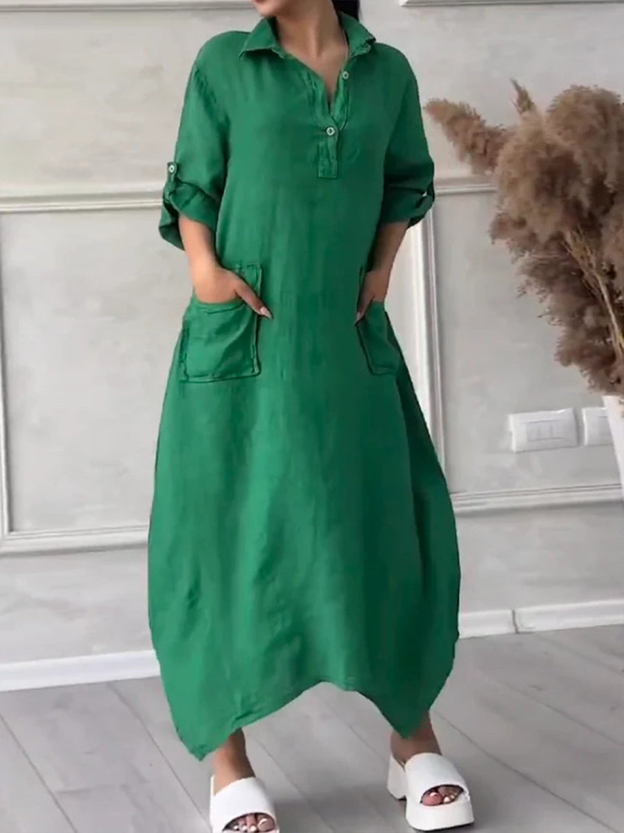 Women's Solid Color Irregular Long Cotton Linen Lapel Pocket Dress