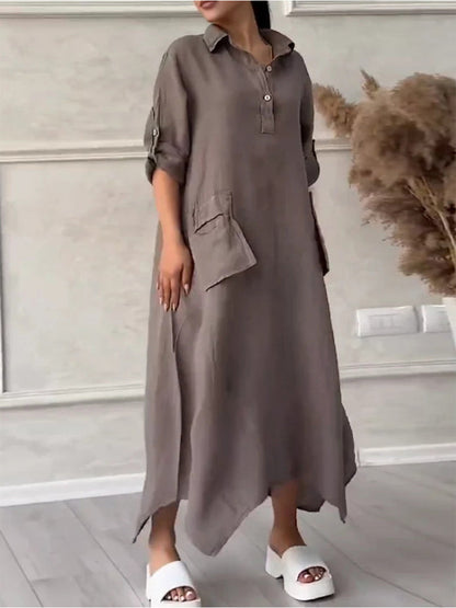 Women's Solid Color Irregular Long Cotton Linen Lapel Pocket Dress