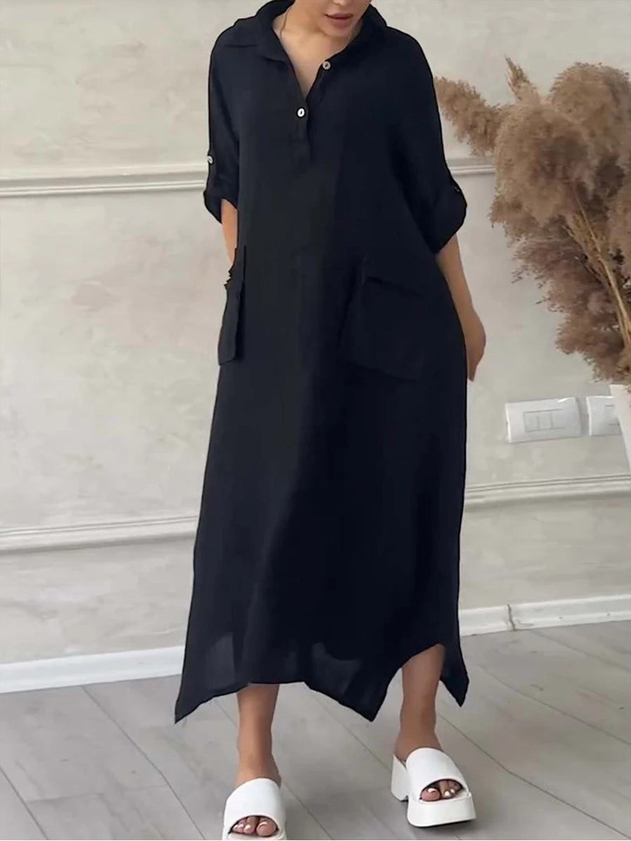 Women's Solid Color Irregular Long Cotton Linen Lapel Pocket Dress
