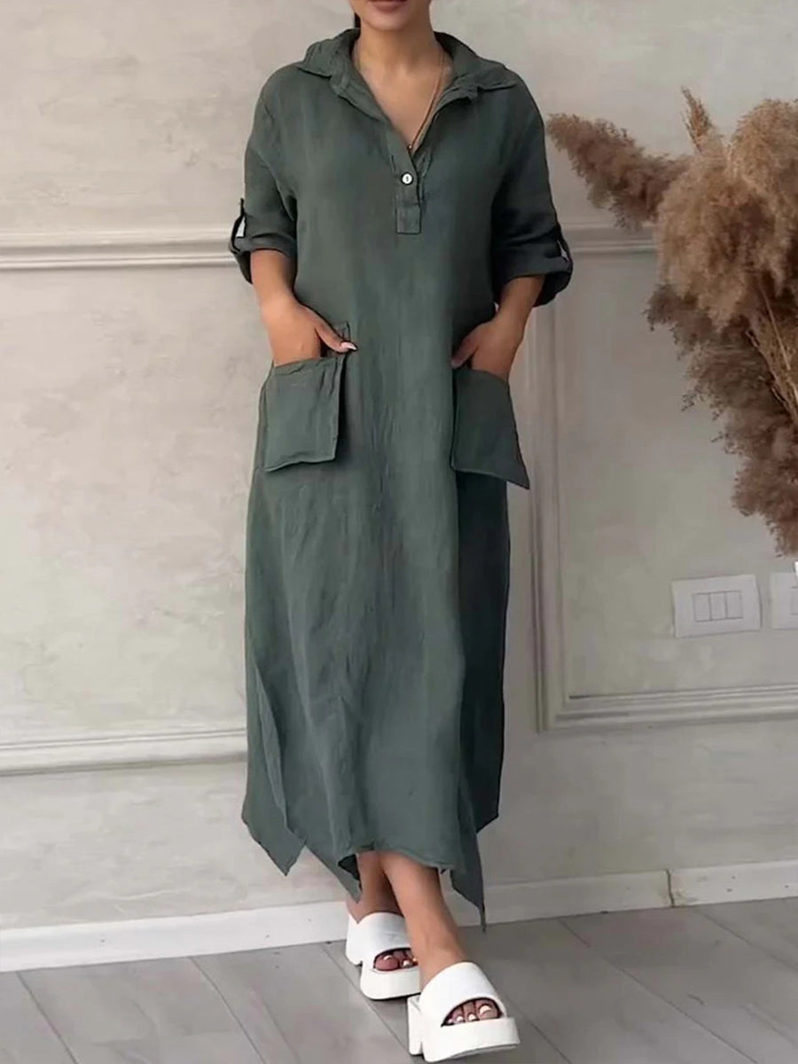 Women's Solid Color Irregular Long Cotton Linen Lapel Pocket Dress