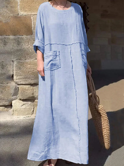 Women's Solid Color Round Neck Cotton Linen Long Sleeve Casual Pleated Double Side Pocket Dresses