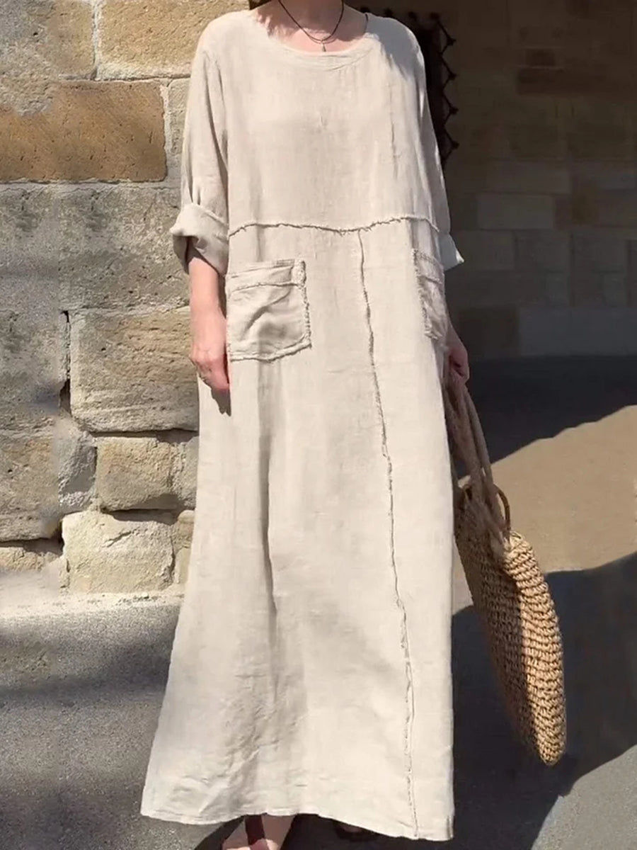 Women's Solid Color Round Neck Cotton Linen Long Sleeve Casual Pleated Double Side Pocket Dresses