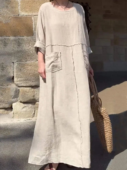 Women's Solid Color Round Neck Cotton Linen Long Sleeve Casual Pleated Double Side Pocket Dresses